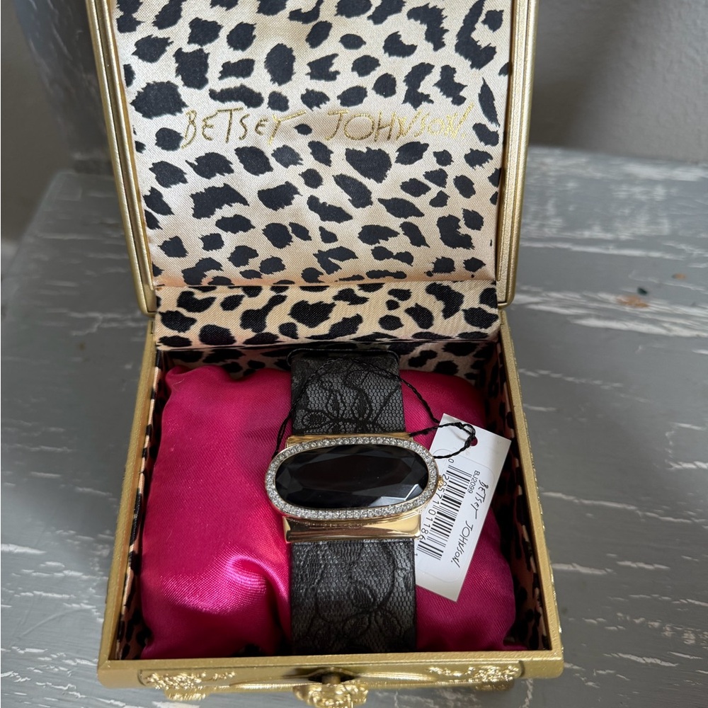 Betsey Johnson Gold-Tone Watch with Black Faceted Stone and Crystal Halo